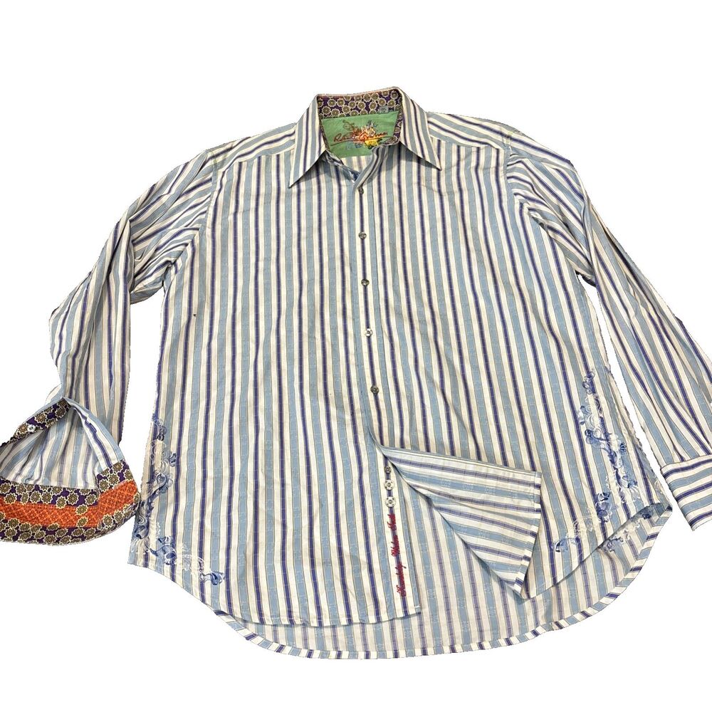 Excellent Robert Graham  Blue Striped Long Sleeve Flip Cuff  Men's Shirt L